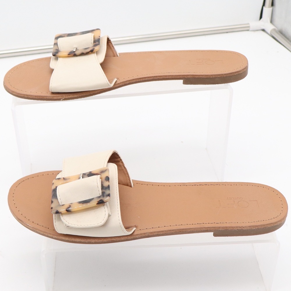 Loft Outlet Womens Cream Slide Sandals Tortoiseshell Buckle Flat Shoes Size 8M